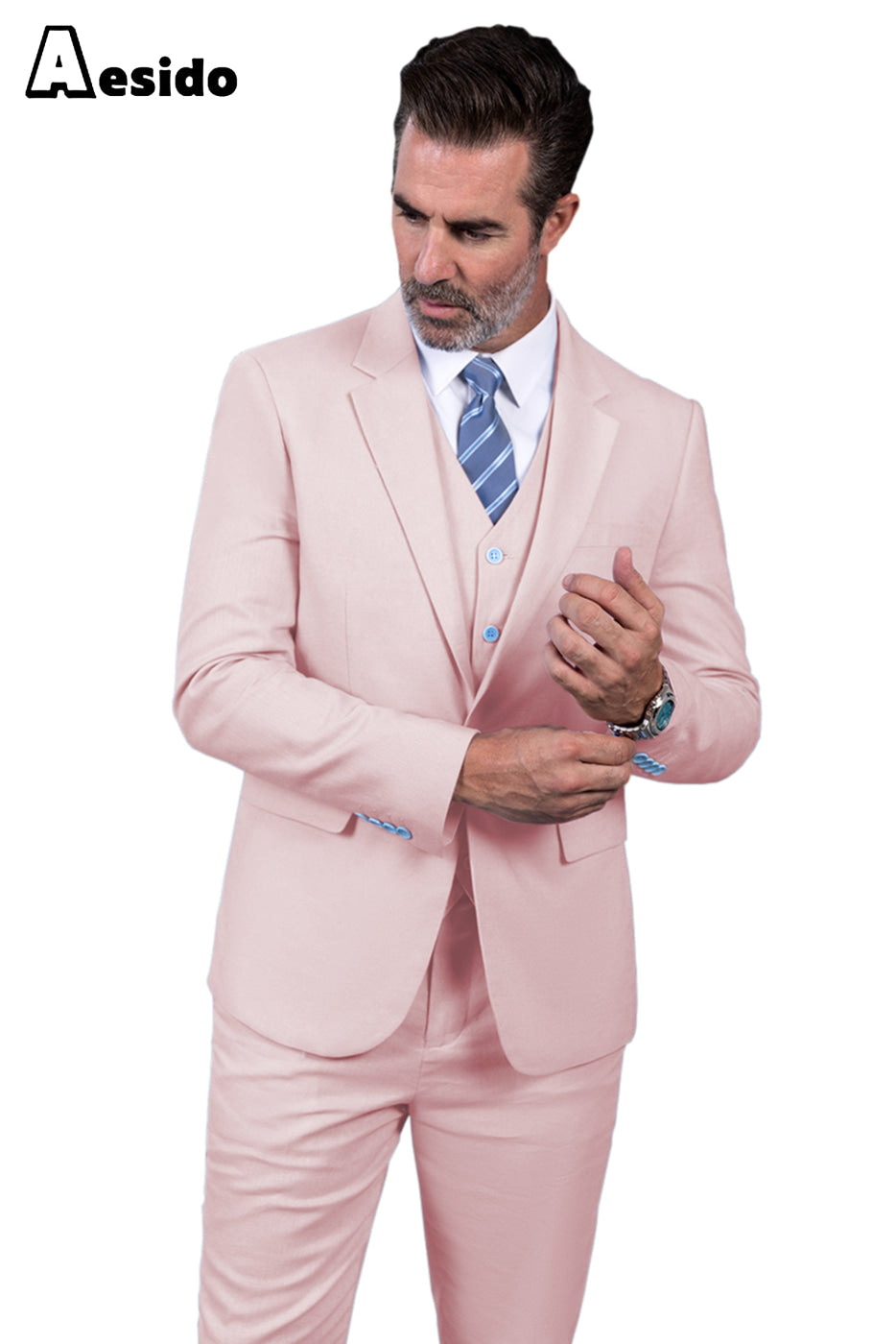 Aesido Men’s Suit Piece Single Buttons Jacket Blazer+Vest+Pants – Pink R Aesido Men’s Suit Piece Single Buttons Jacket Blazer+Vest+Pants – Pink R