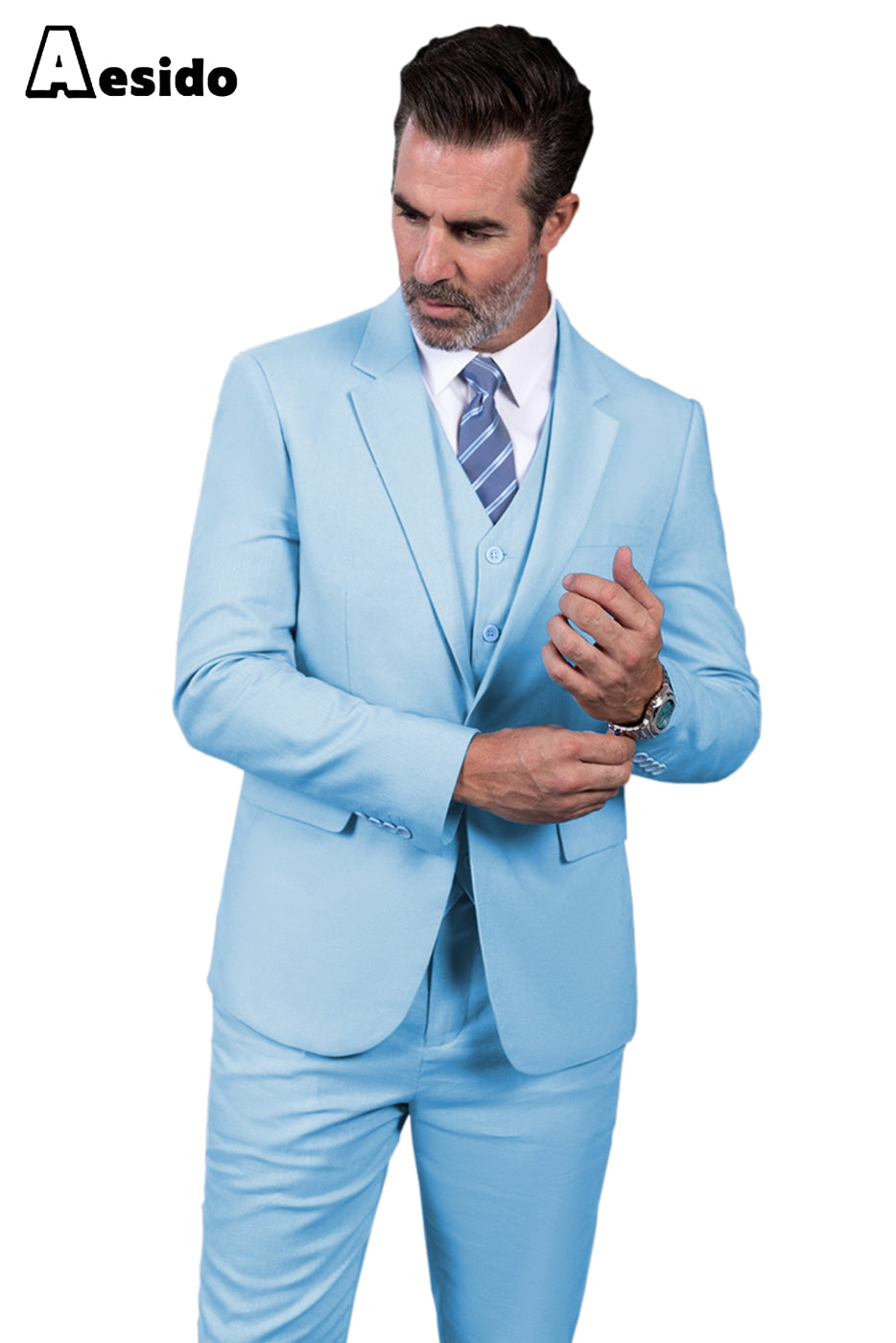 Aesido Men’s Suit Piece Single Buttons Jacket Blazer+Vest+Pants – Light Blue R Aesido Men’s Suit Piece Single Buttons Jacket Blazer+Vest+Pants – Light Blue R