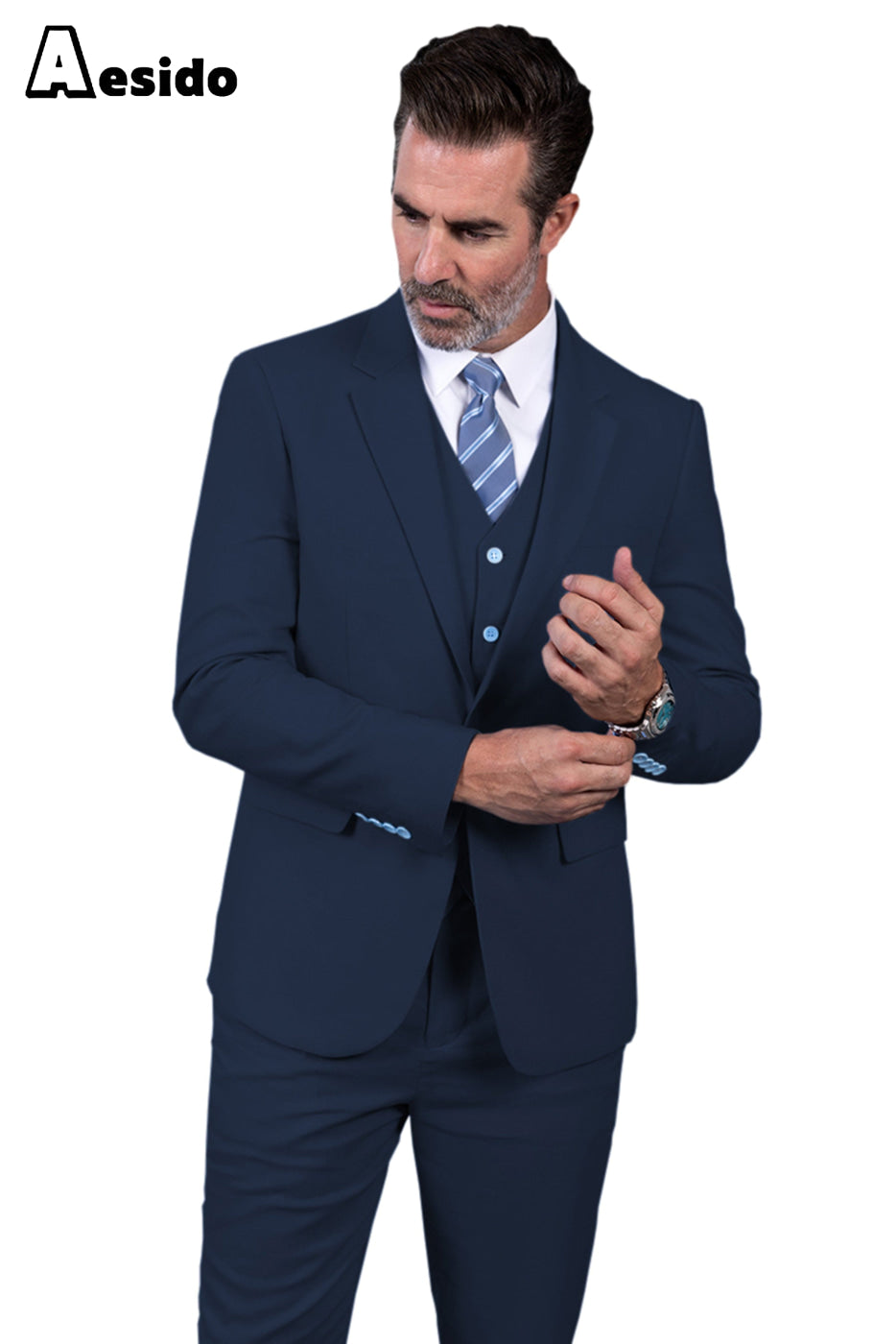Aesido Men’s Suit Piece Single Buttons Jacket Blazer+Vest+Pants – Navy R Aesido Men’s Suit Piece Single Buttons Jacket Blazer+Vest+Pants – Navy R