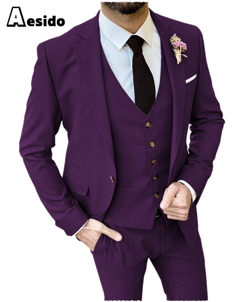 Aesido Men’s Suit Pieces Double Buttons Notch Lapel Jacket Blazer+Vest+Pants – Dark Purple R Aesido Men’s Suit Pieces Double Buttons Notch Lapel Jacket Blazer+Vest+Pants – Dark Purple R
