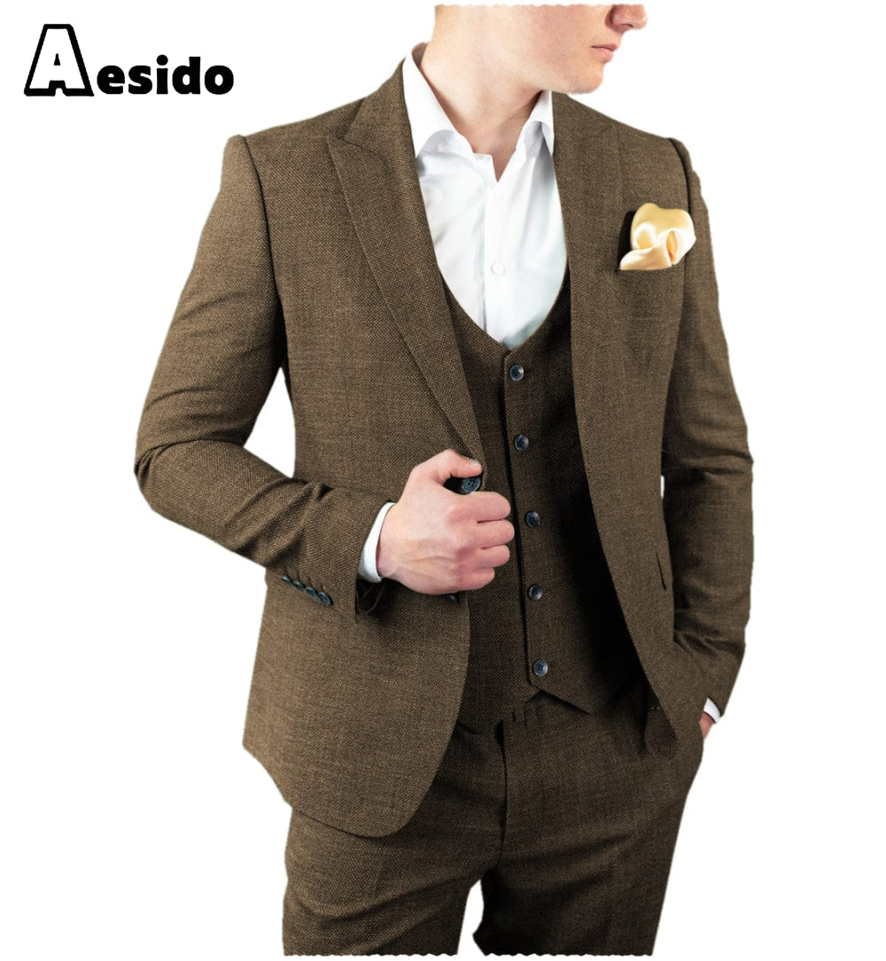 Aesido Men’s Suit Pieces Single Button Peak Lapel Jacket(Blazes+Vest+Pants) – Brown R Aesido Men’s Suit Pieces Single Button Peak Lapel Jacket(Blazes+Vest+Pants) – Brown R