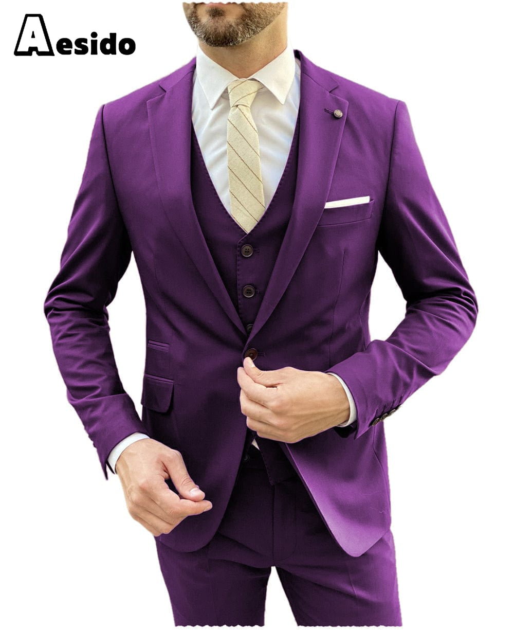 Aesido Men’s Suit Pieces Single Buttons Notch Lapel Jacket Blazer+Vest+Pants – Purple R Aesido Men’s Suit Pieces Single Buttons Notch Lapel Jacket Blazer+Vest+Pants – Purple R