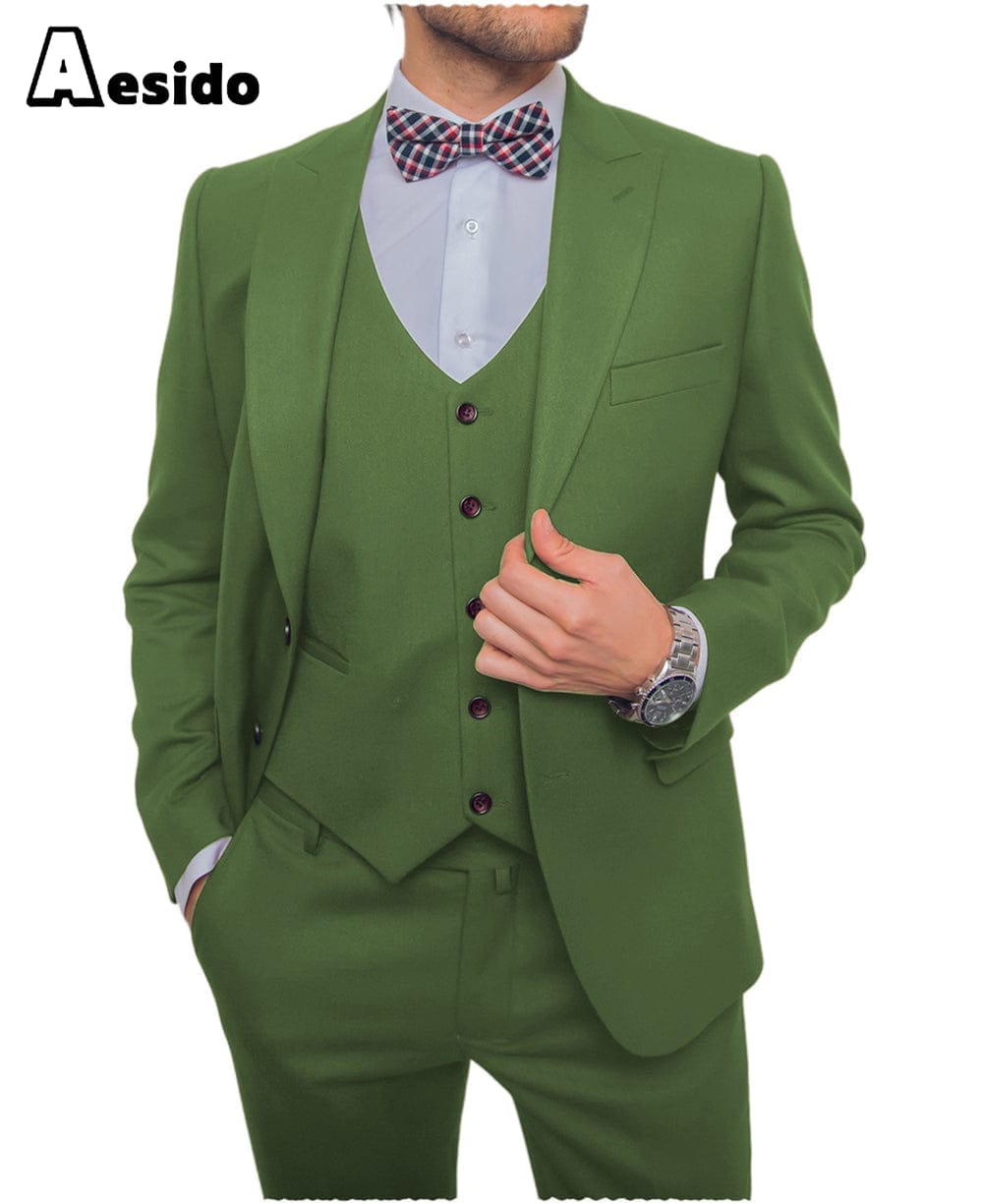 Aesido Men’s Suit Pieces Single Buttons Peak Lapel Jacket Blazer+Vest+Pants – Olive Green R Aesido Men’s Suit Pieces Single Buttons Peak Lapel Jacket Blazer+Vest+Pants – Olive Green R