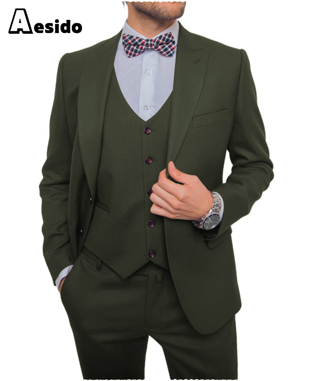 Aesido Men’s Suit Pieces Single Buttons Peak Lapel Jacket Blazer+Vest+Pants – Army Green R