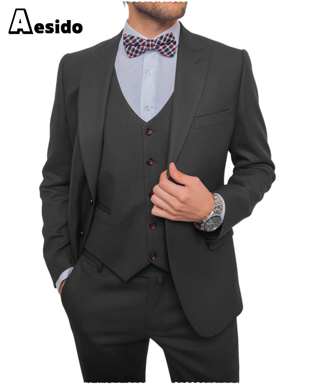 Aesido Men’s Suit Pieces Single Buttons Peak Lapel Jacket Blazer+Vest+Pants – Black R Aesido Men’s Suit Pieces Single Buttons Peak Lapel Jacket Blazer+Vest+Pants – Black R