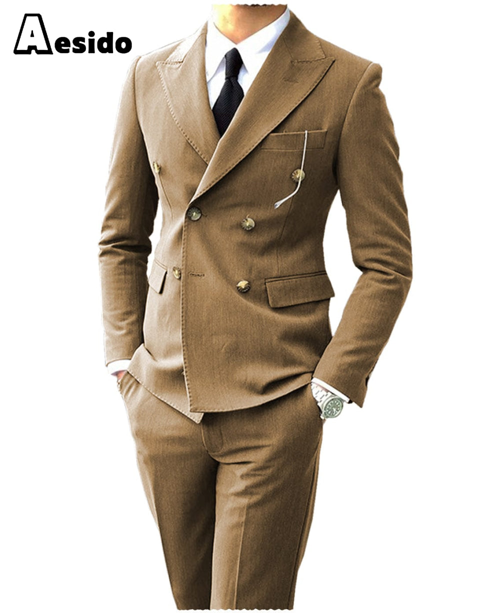 Aesido Men’s Suit Peak Lapel Double Breasts JacketBlazer+Pants – Brown R