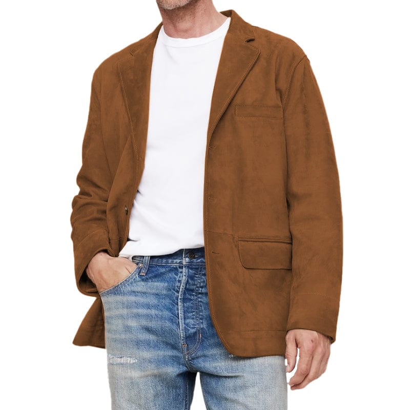 Men’s Vintage Suede Notched Lapel Single Breasted Blazer – Brown R