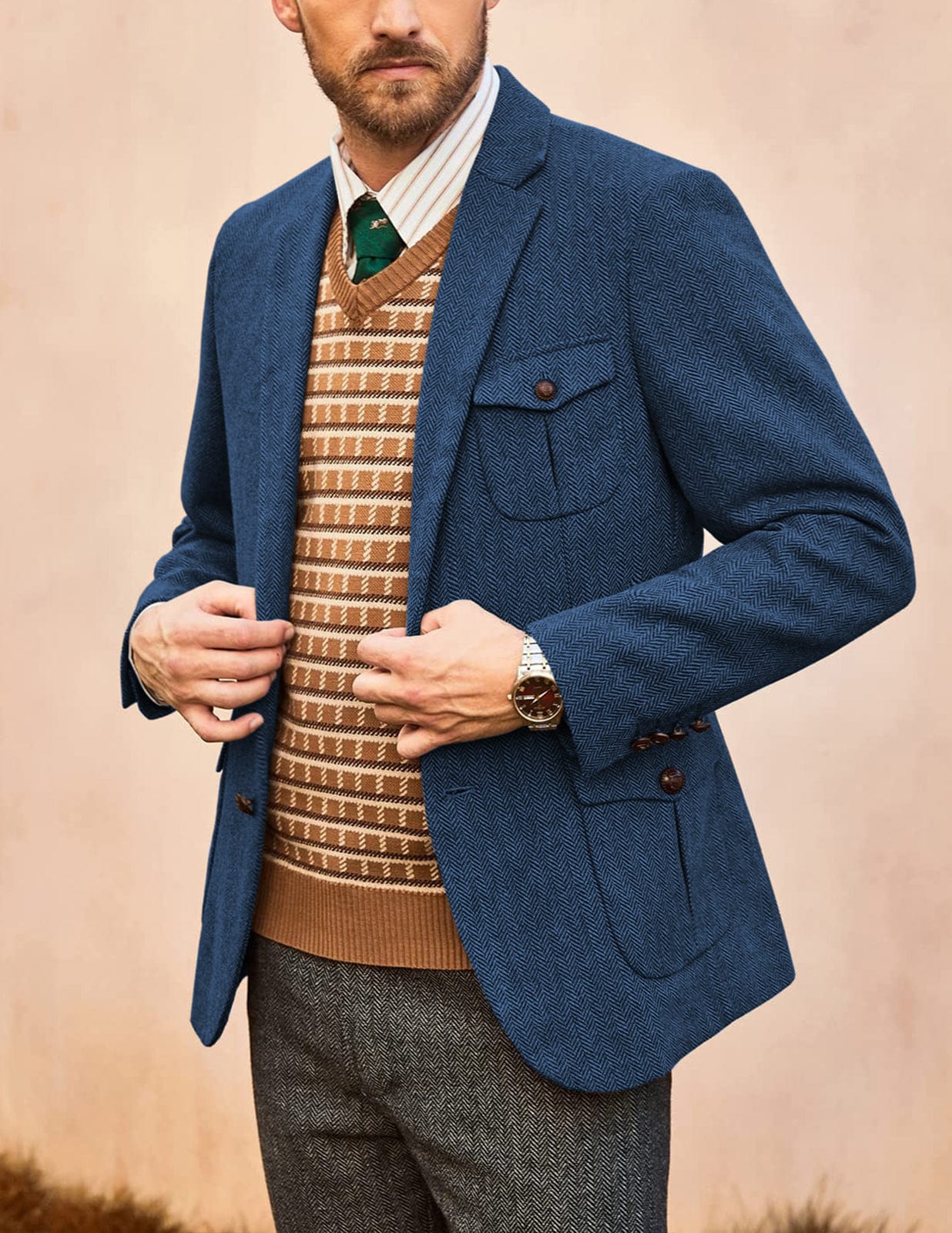 Men’s Herringbone Notch Lapel Blazer Classic Double-Button Jacket – Blue R Men’s Herringbone Notch Lapel Blazer Classic Double-Button Jacket – Blue R