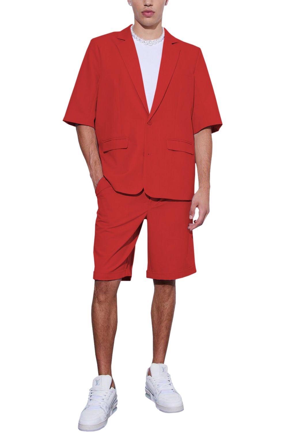 Aesido Men’s Suit Piece Summer Casual NotchLapel Short Sleeved Jacket Blazer+Shorts – Red R Aesido Men’s Suit Piece Summer Casual NotchLapel Short Sleeved Jacket Blazer+Shorts – Red R