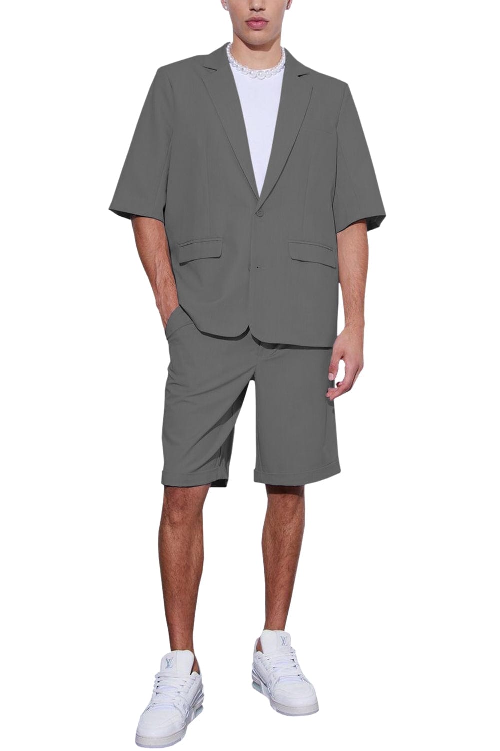 Aesido Men’s Suit Piece Summer Casual NotchLapel Short Sleeved Jacket Blazer+Shorts – Grey R
