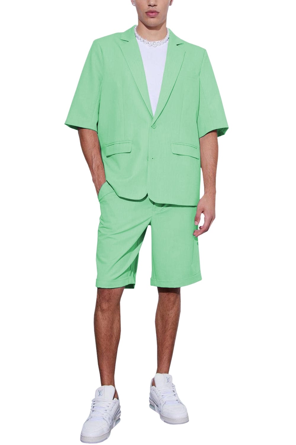 Aesido Men’s Suit Piece Summer Casual NotchLapel Short Sleeved Jacket Blazer+Shorts – Mint Green R