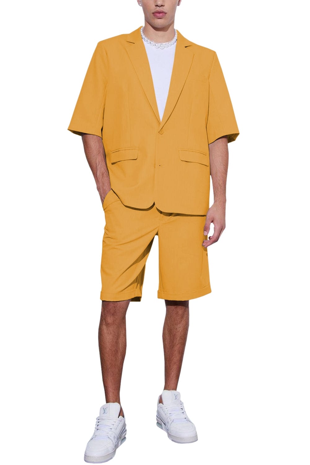 Aesido Men’s Suit Piece Summer Casual NotchLapel Short Sleeved Jacket Blazer+Shorts – Gold R