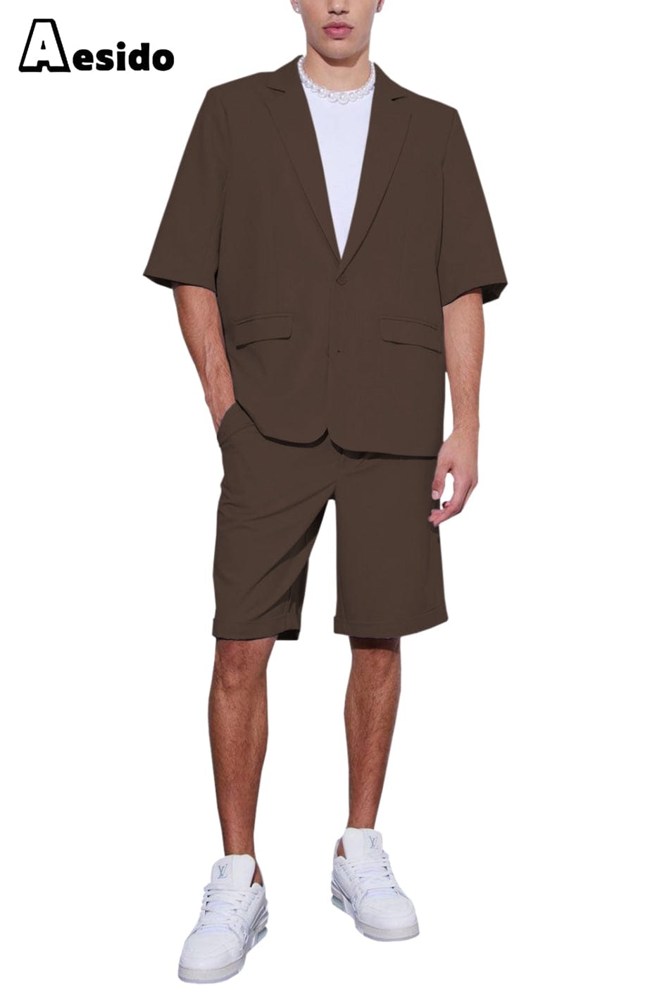Aesido Men’s Suit Piece Summer Casual Notch Lapel Short Sleeved Jacket Blazer+Shorts – Coffee R Aesido Men’s Suit Piece Summer Casual Notch Lapel Short Sleeved Jacket Blazer+Shorts – Coffee R