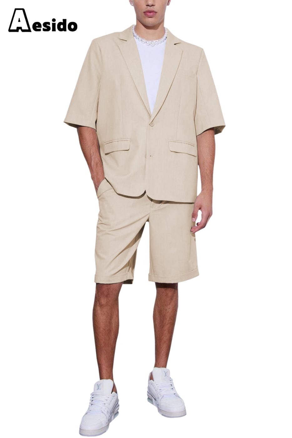 Aesido Men’s Suit Piece Summer Casual Notch Lapel Short Sleeved Jacket Blazer+Shorts – Beige R
