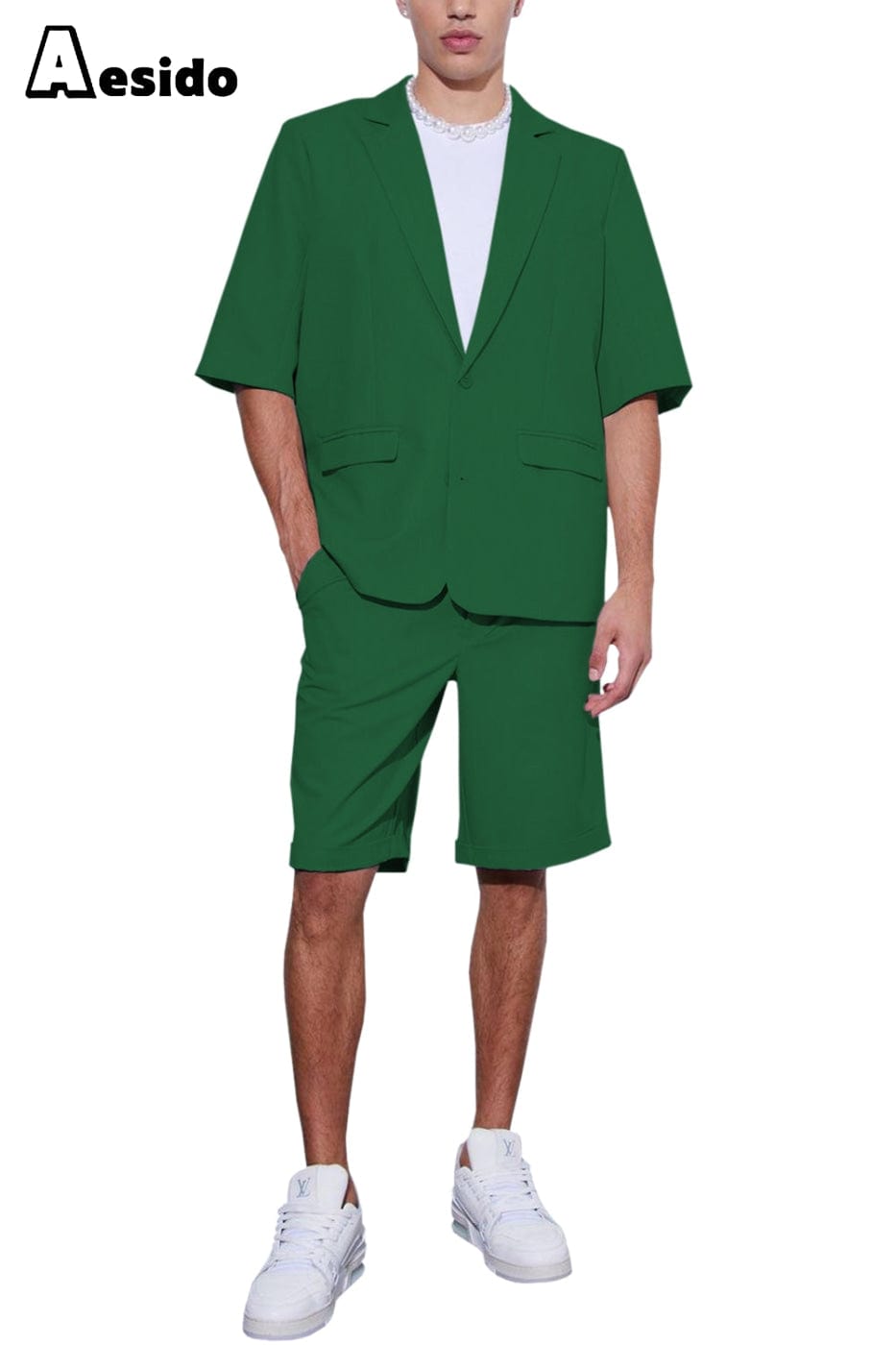 Aesido Men’s Suit Piece Summer Casual Notch Lapel Short Sleeved Jacket Blazer+Shorts – Green R