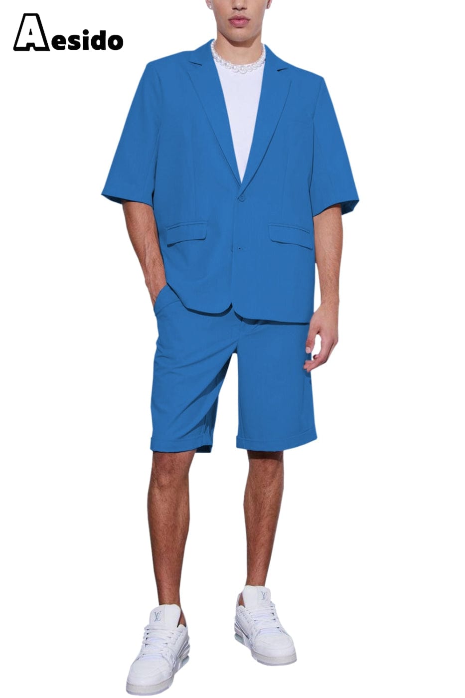 Aesido Men’s Suit Piece Summer Casual Notch Lapel Short Sleeved Jacket Blazer+Shorts – Blue R Aesido Men’s Suit Piece Summer Casual Notch Lapel Short Sleeved Jacket Blazer+Shorts – Blue R