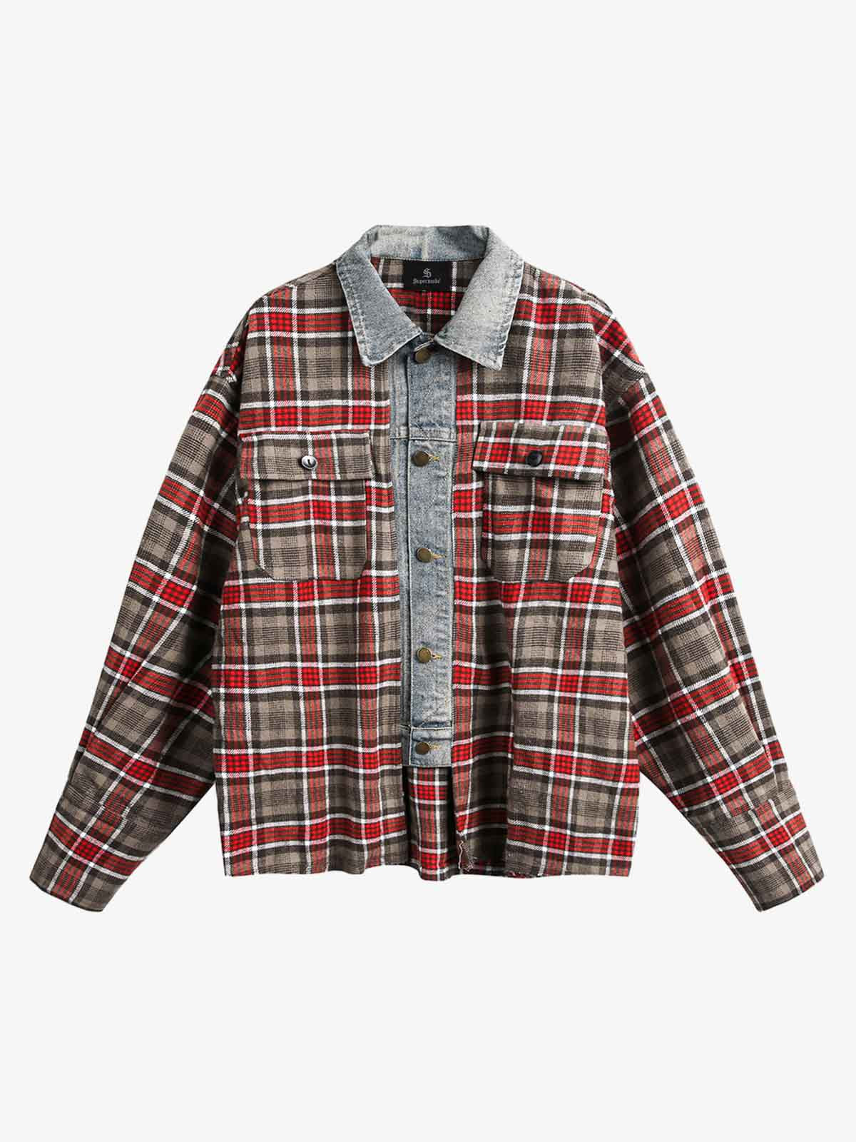 Vintage Plaid Patchwork Denim Panel Shirt Vintage Plaid Patchwork Denim Panel Shirt