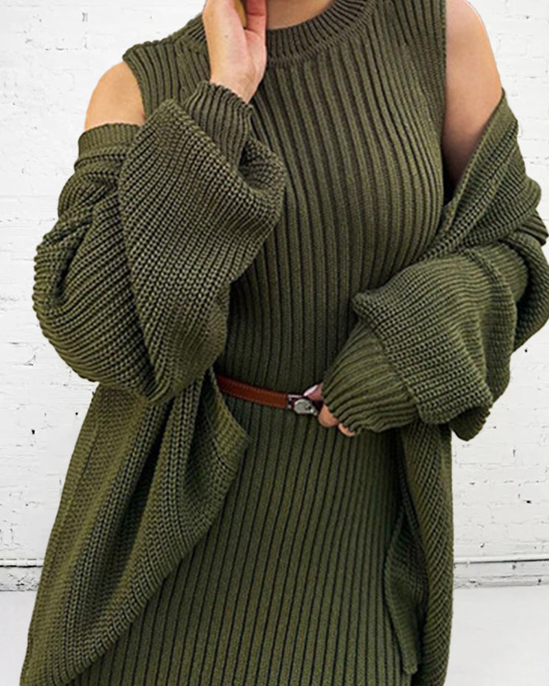 Lazy Style Knitted Sweater Long Dress & Cardigan Two-piece Sets – Green