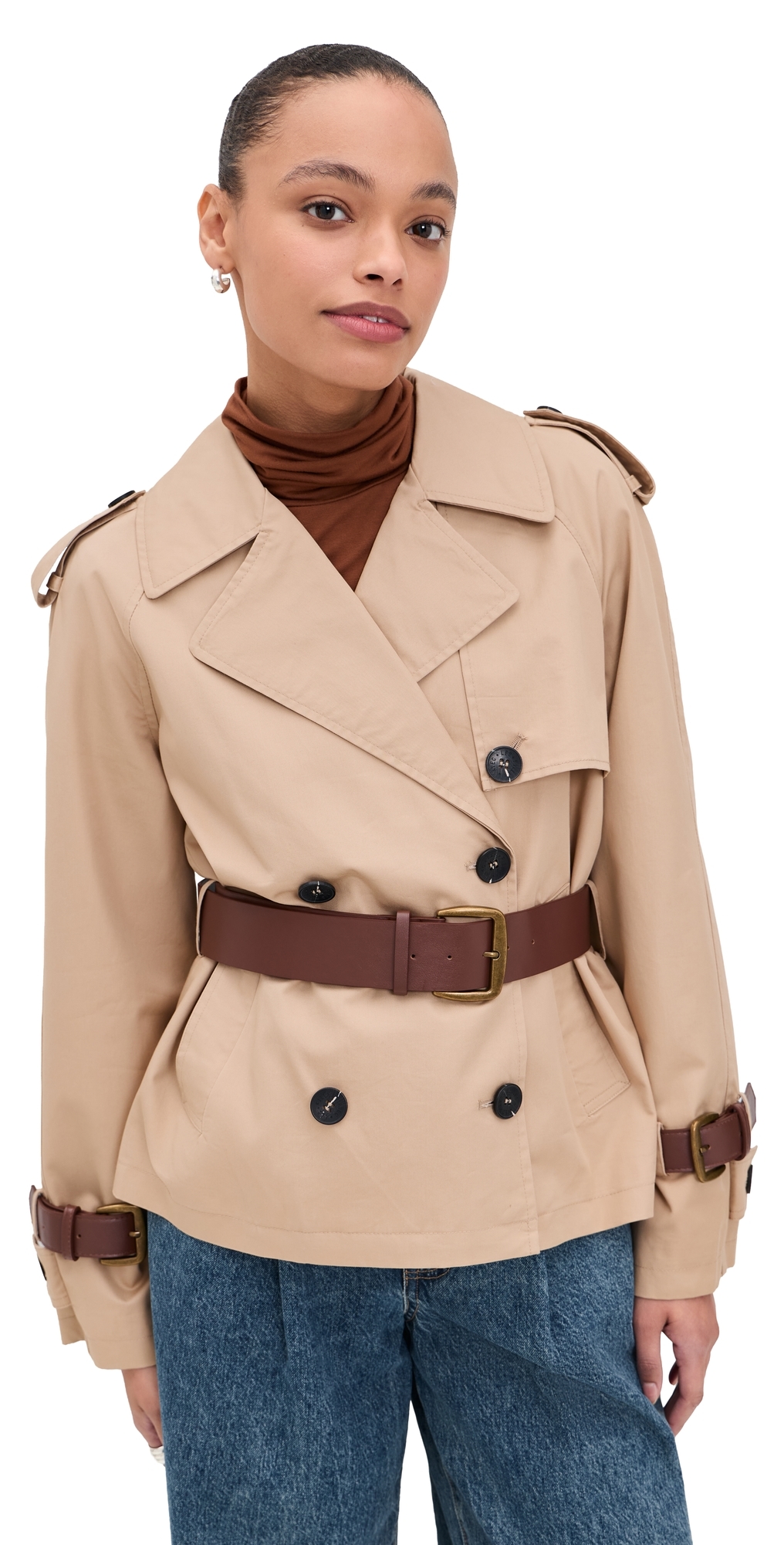 Avec Les Filles Short Trench Coat with Leather Belt Camel