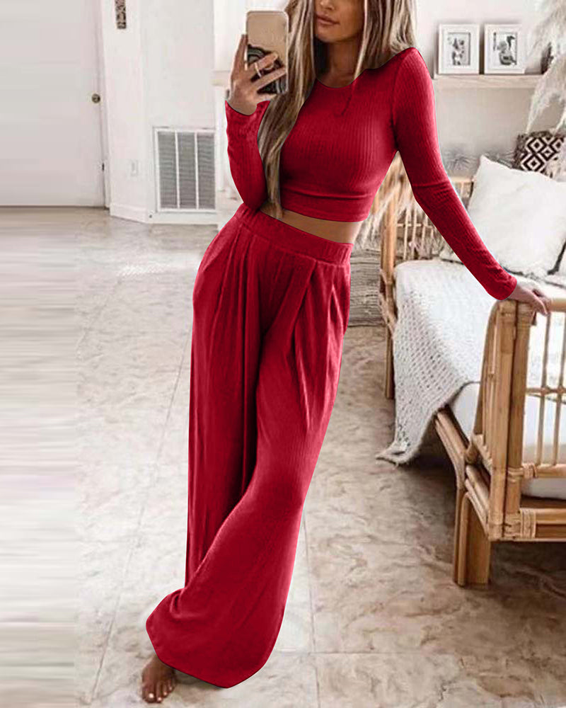 Two Pieces Sets Long Sleeve Crop Thread Top Casual High Waist Wide Leg Pants – Red Two Pieces Sets Long Sleeve Crop Thread Top Casual High Waist Wide Leg Pants – Red