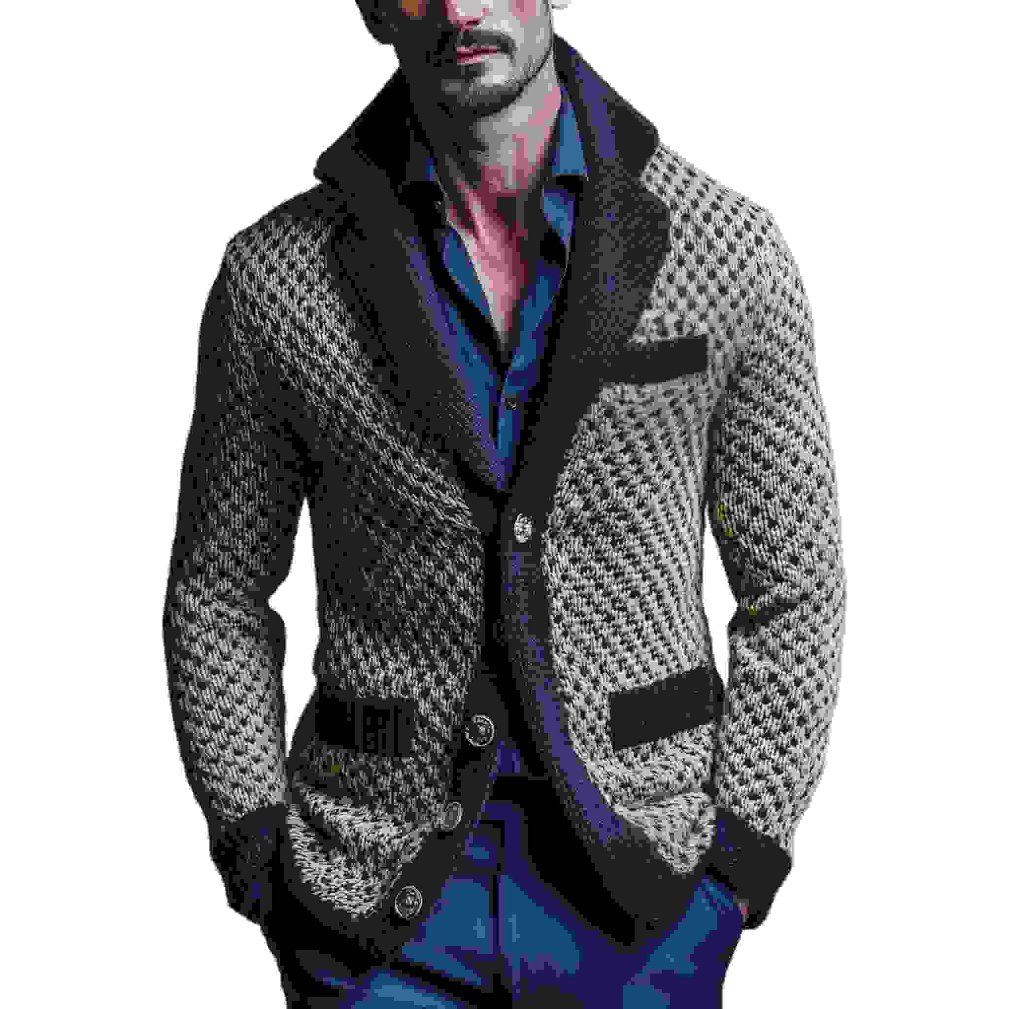 Men’s Classic Casual Lapel Green And Navy Blue Slim Jacquard Knit Cardigan MTAIK Men’s Classic Casual Lapel Green And Navy Blue Slim Jacquard Knit Cardigan MTAIK