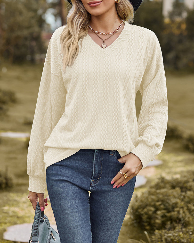 V-Neck Solid Color Twisted Knit Long Sleeve Loose Shirt Tops – Beige S