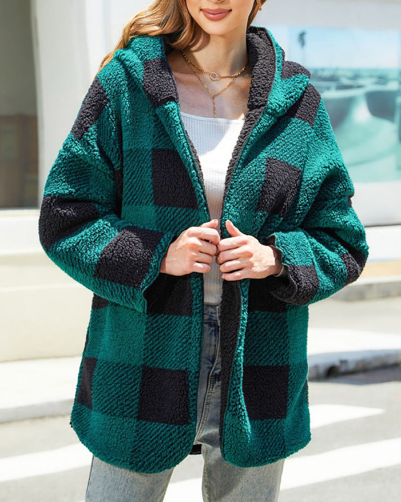 Plaid Oversized Casual Open-Front Double-Layered Fleece Coat – Green M