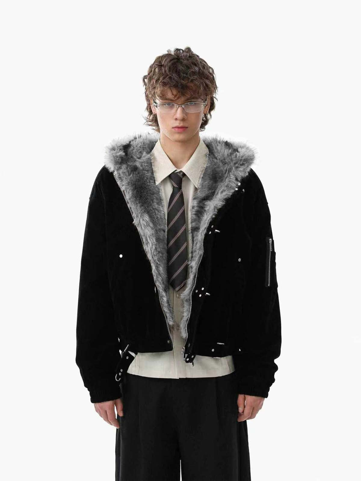 Streetwear Metal Clip Faux Fur Hooded Suede Bomber Jacket Streetwear Metal Clip Faux Fur Hooded Suede Bomber Jacket