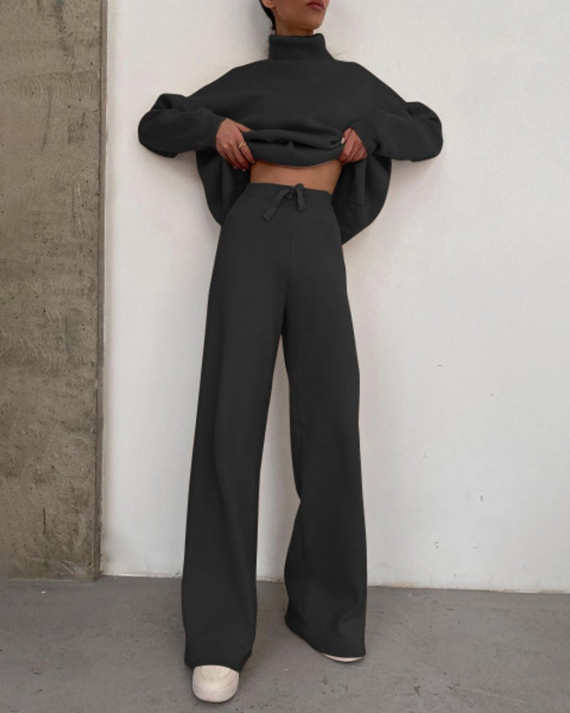 Zeagoo Casual Two Piece Long Sleeve Turtleneck Sweatshirt Top High Waist Wide Leg Pants Set – Black M Zeagoo Casual Two Piece Long Sleeve Turtleneck Sweatshirt Top High Waist Wide Leg Pants Set – Black M