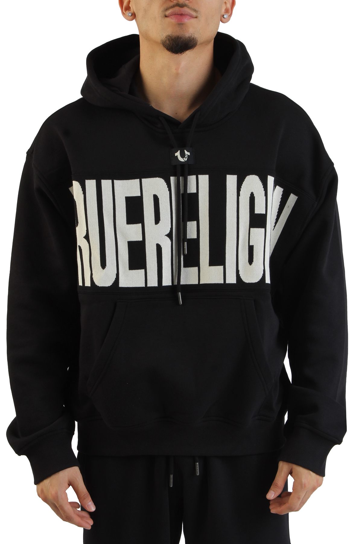 Men Knit Logo Panel Boxy Hoodie Black Hoodies L Black