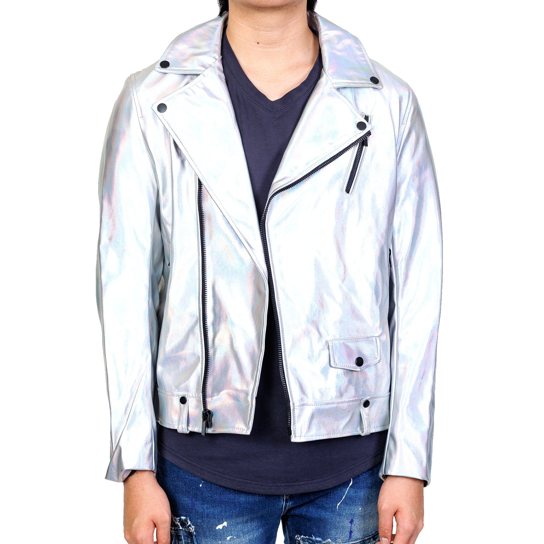 Hologram Graphic printed on back Metallic Faux leather Biker Jacket Hologram Graphic printed on back Metallic Faux leather Biker Jacket