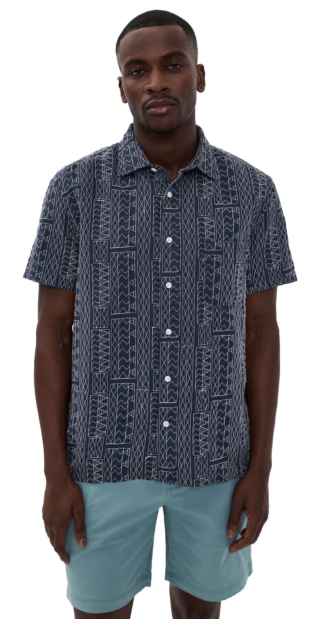 Billy Reid Short Sleeve Geo Stitch Shirt Carbon Blue Billy Reid Short Sleeve Geo Stitch Shirt Carbon Blue