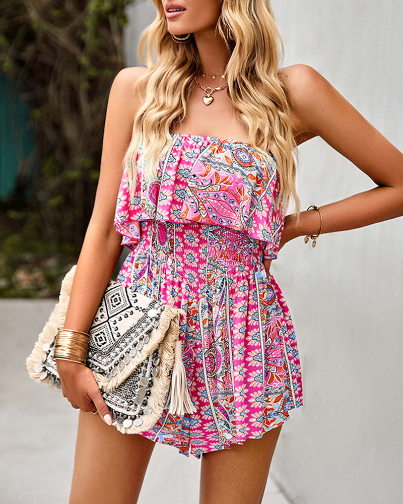 Off Shoulder Jumpsuit Floral Print Strapless Elastic Waist Wide Leg Shorts Romper Dress – Pink M Off Shoulder Jumpsuit Floral Print Strapless Elastic Waist Wide Leg Shorts Romper Dress – Pink M