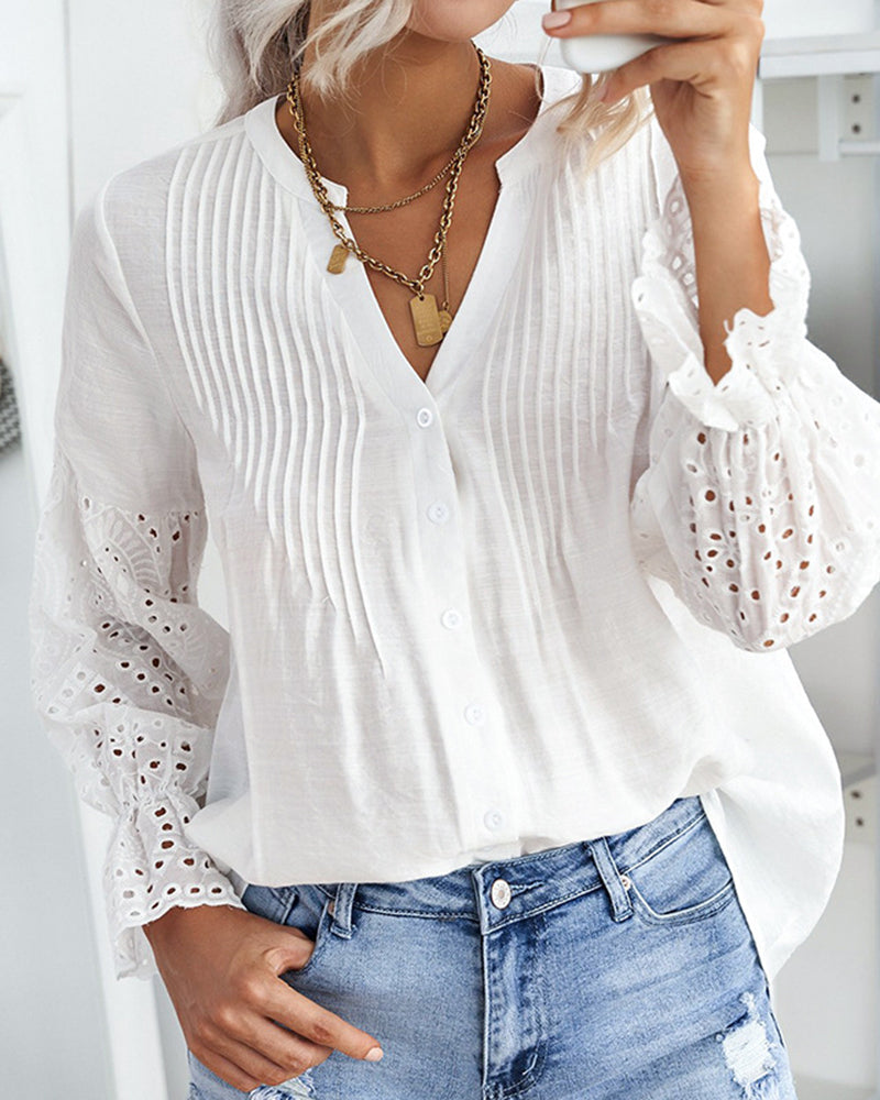Zeagoo Lace Splicing Button Elegant Long Sleeve Tops Tops Regular Fit Top Fashion Lace Patchwork Shirt – White S Zeagoo Lace Splicing Button Elegant Long Sleeve Tops Tops Regular Fit Top Fashion Lace Patchwork Shirt – White S