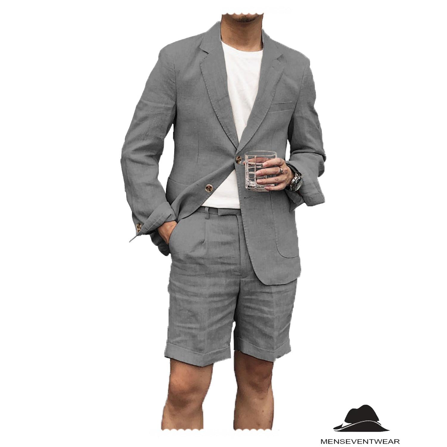 Menseventwear Casual Piece Men’s Suit Flat Linen Notch Lapel Tuxedos Blazer+Shorts