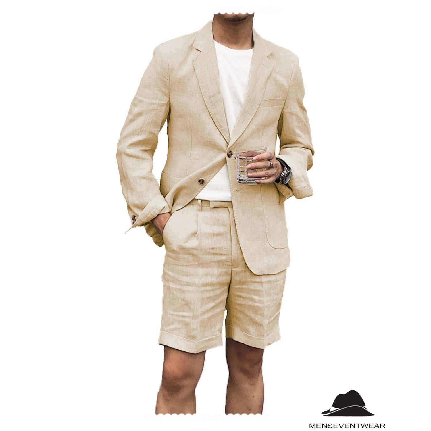Menseventwear Casual Piece Men’s Suit Flat Linen Notch Lapel Tuxedos Blazer+Shorts
