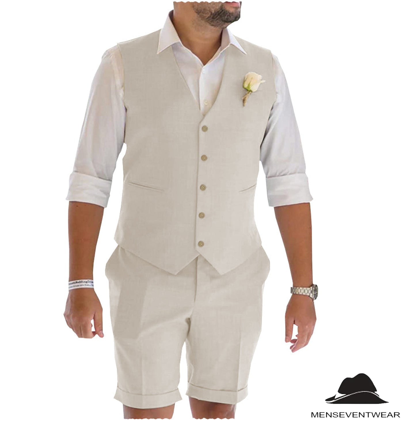 Menseventwear Casual Piece Men’s Suit Flat Linen V Neck Tuxedos Blazer+Shorts