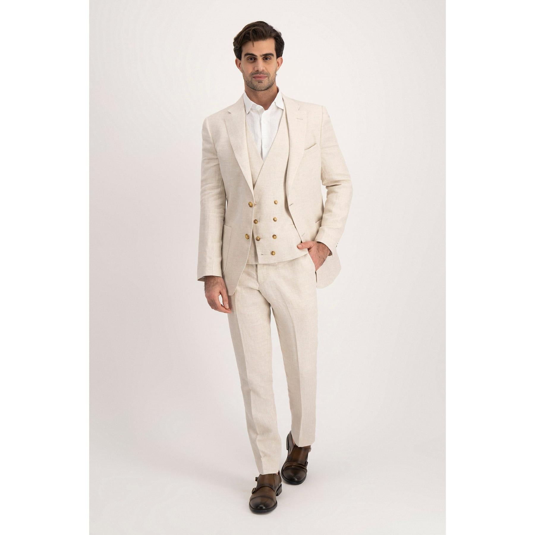 Casual Pieces Mens Suit Flat Linen Notch Lapel SuitBlazer+Vest+ Pant