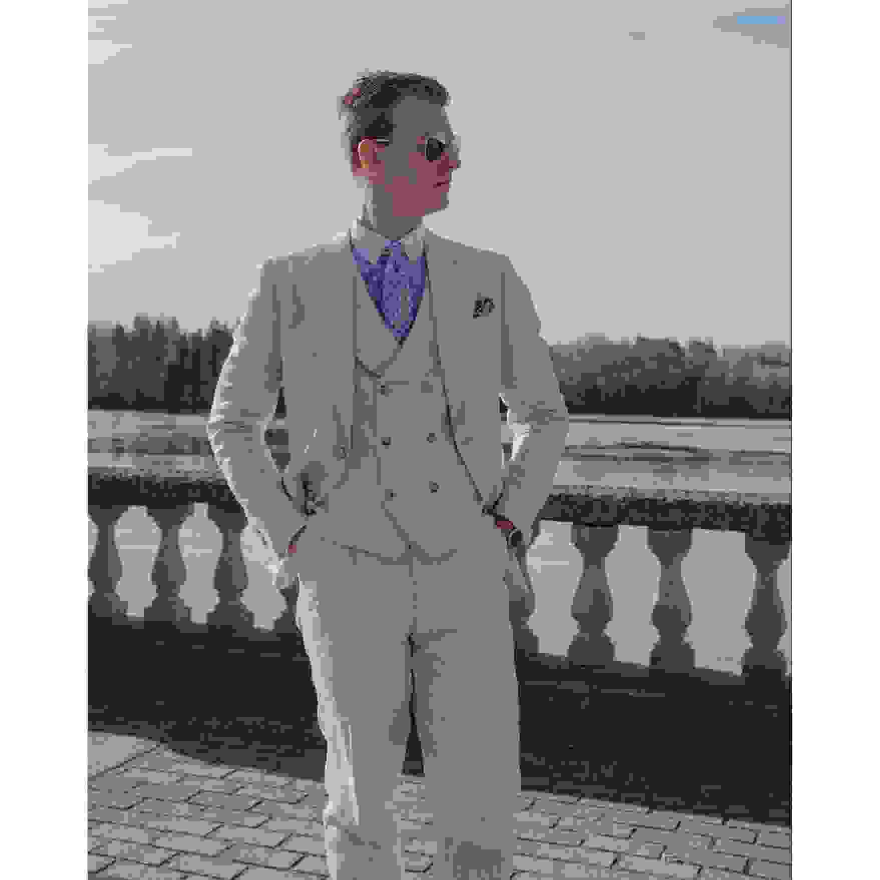 Casual Pieces Mens Suit Flat Linen Peak Lapel SuitBlazer+Vest+ Pant