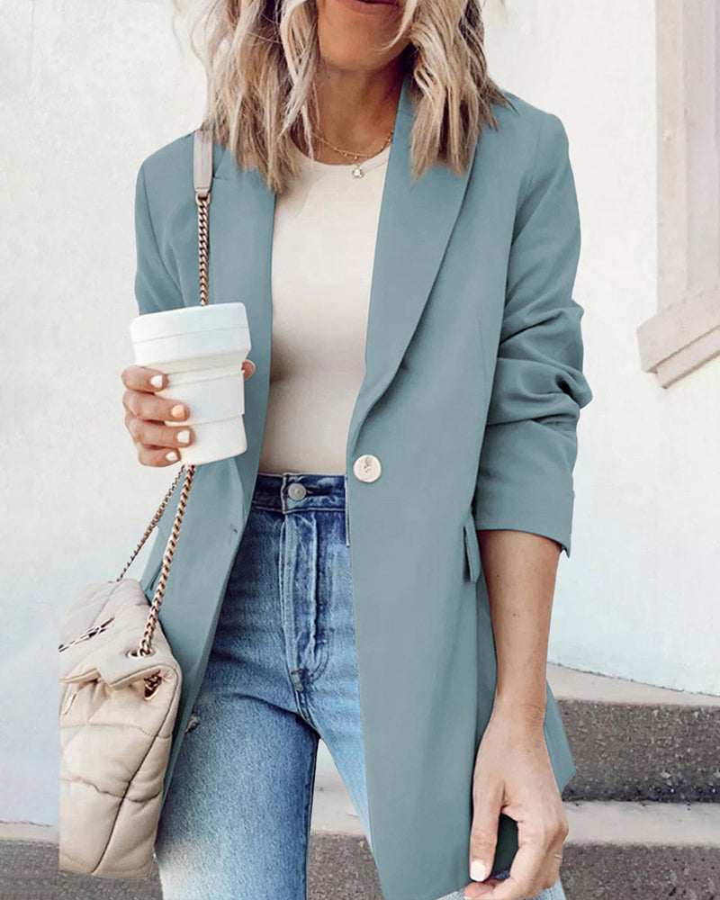 Single Breasted Button Down Office Work Wear Solid Blazer Jacket – Sky Blue M
