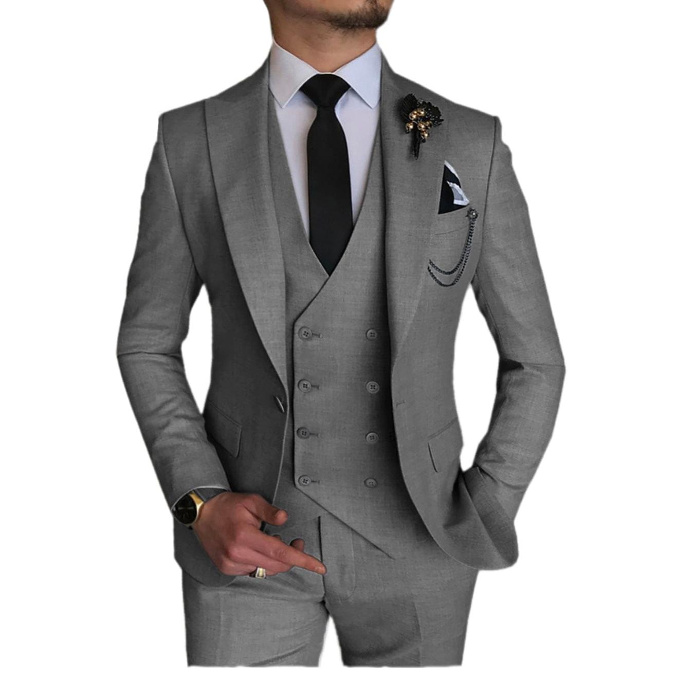 Ceehuteey Piece Mens Suit Double Breasted Prom Peak Lapel Suit Blazer + Vest + Pants – Grey R Ceehuteey Piece Mens Suit Double Breasted Prom Peak Lapel Suit Blazer + Vest + Pants – Grey R