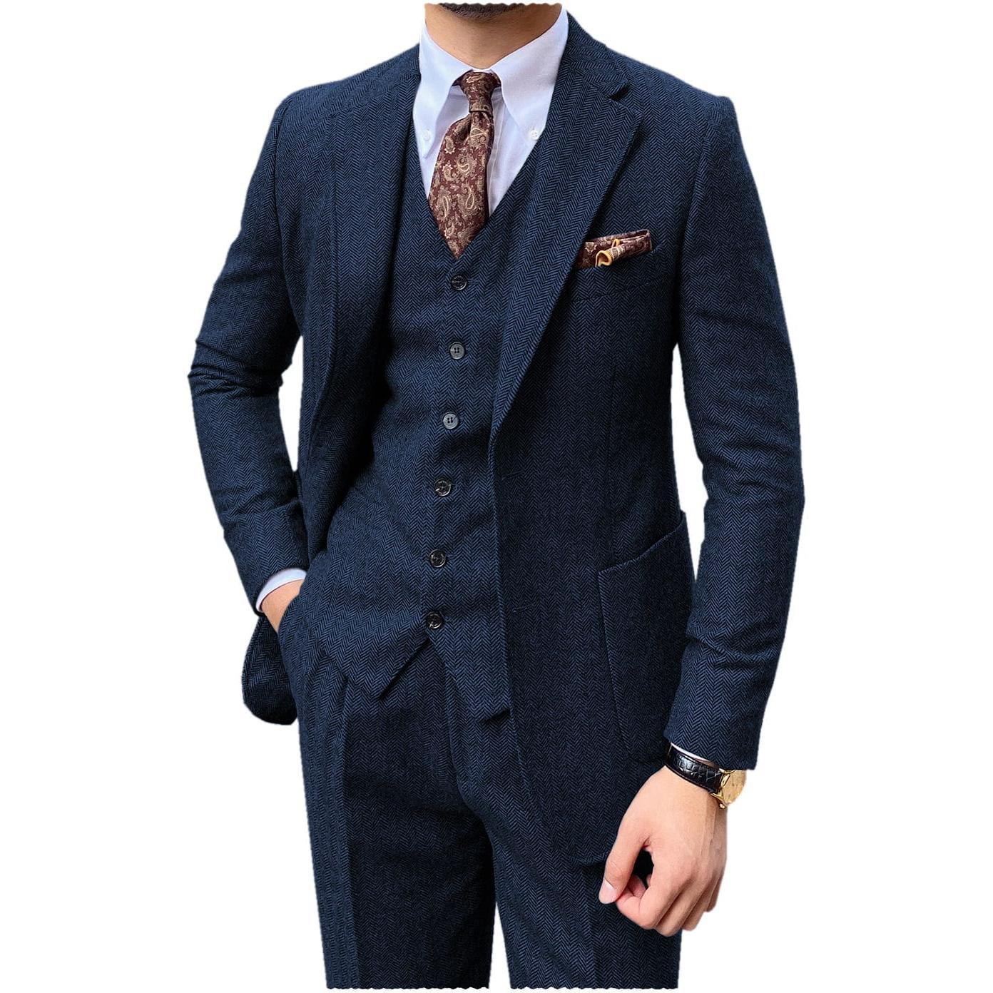 Ceehuteey Piece Mens Suit Herringbone Notch Lapel Suits Blazer+Vest+Pants – Navy R Ceehuteey Piece Mens Suit Herringbone Notch Lapel Suits Blazer+Vest+Pants – Navy R