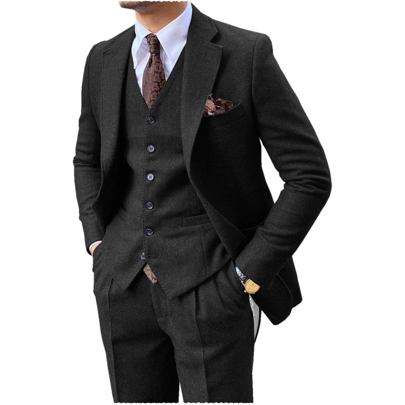 Ceehuteey Piece Mens Suit Herringbone Notch Lapel Suits Blazer+Vest+Pants – Black R