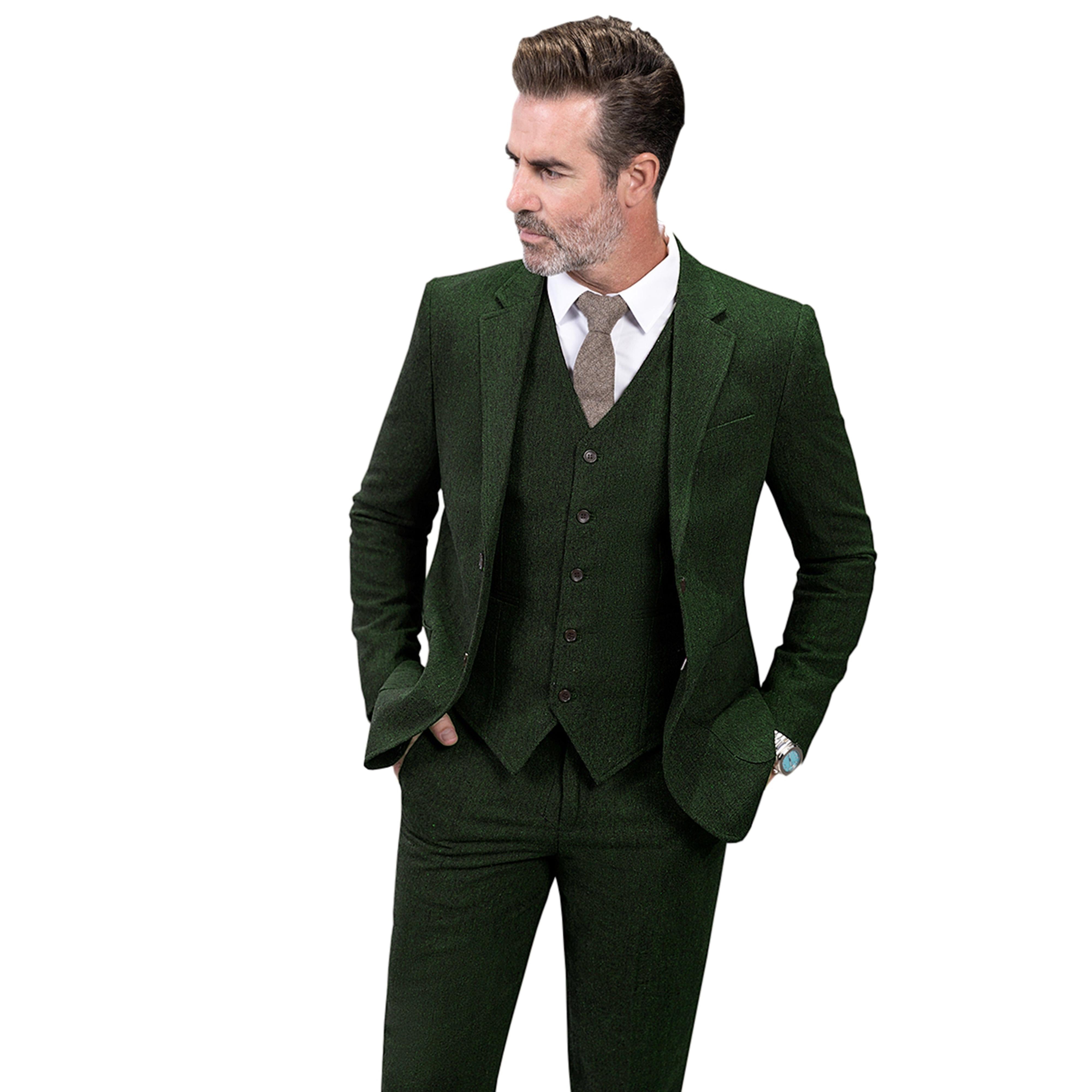 Ceehuteey Pieces Mens Suit Herringbone Flat Suit Blazer+Vest+Pants – Hunt Green R Ceehuteey Pieces Mens Suit Herringbone Flat Suit Blazer+Vest+Pants – Hunt Green R