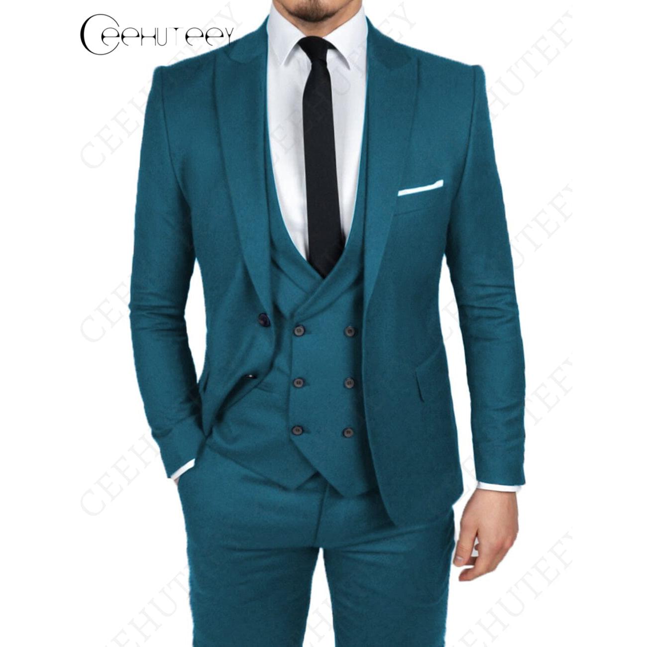 Ceehuteey Men’s Pieces Dinner Suit Peak Lapel Suits Groom Blazer+Vest+Pants – Teal R Ceehuteey Men’s Pieces Dinner Suit Peak Lapel Suits Groom Blazer+Vest+Pants – Teal R