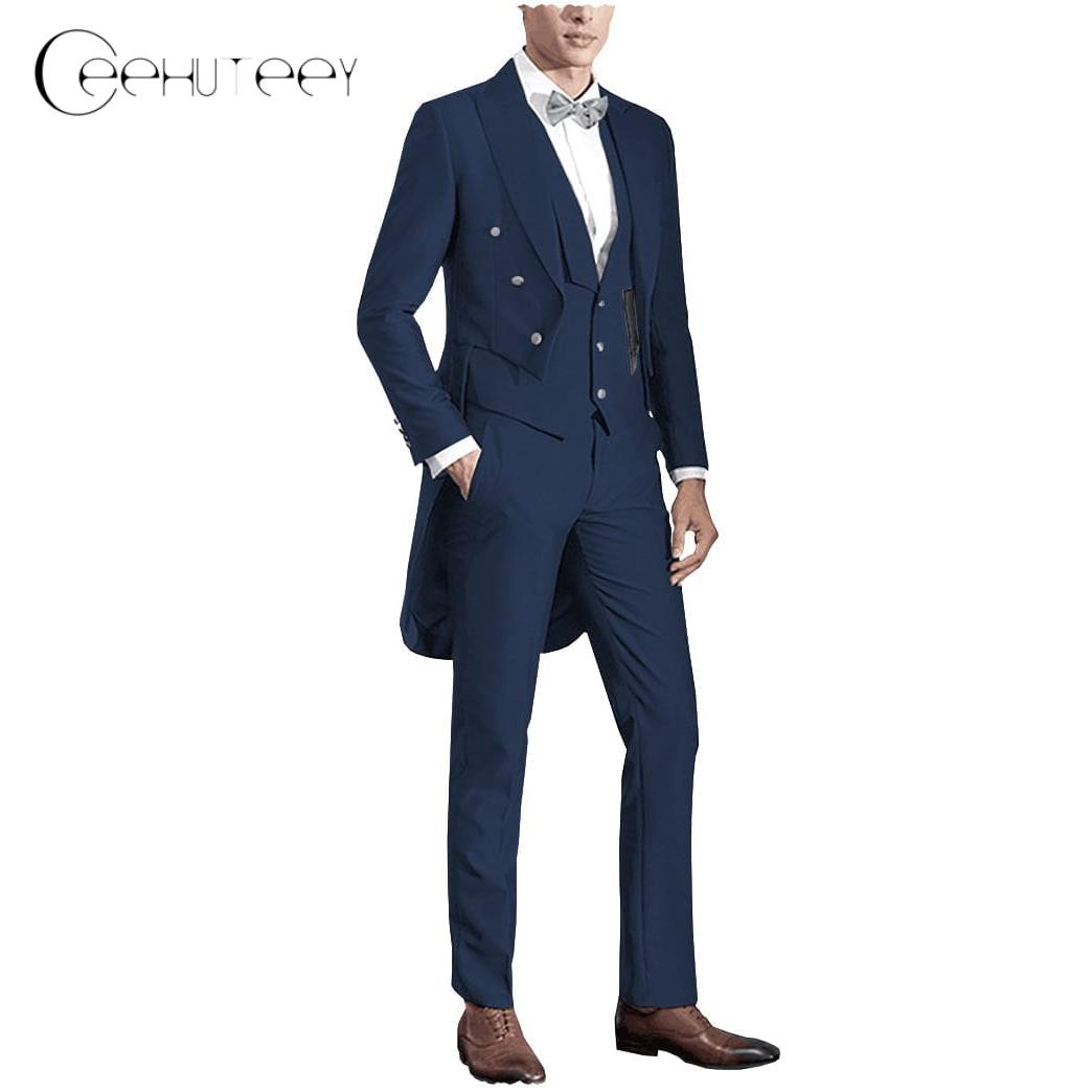 Ceehuteey Classic Men’s Pieces Tailcoat Peak Lapel Suits Swallow-Tailed Coat Blazer+Vest+Pants – Navy R