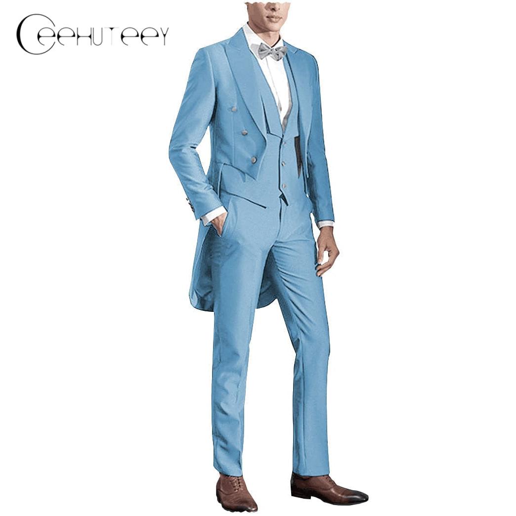 Ceehuteey Classic Men’s Pieces Tailcoat Peak Lapel Suits Swallow-Tailed Coat Blazer+Vest+Pants – Light Blue R Ceehuteey Classic Men’s Pieces Tailcoat Peak Lapel Suits Swallow-Tailed Coat Blazer+Vest+Pants – Light Blue R