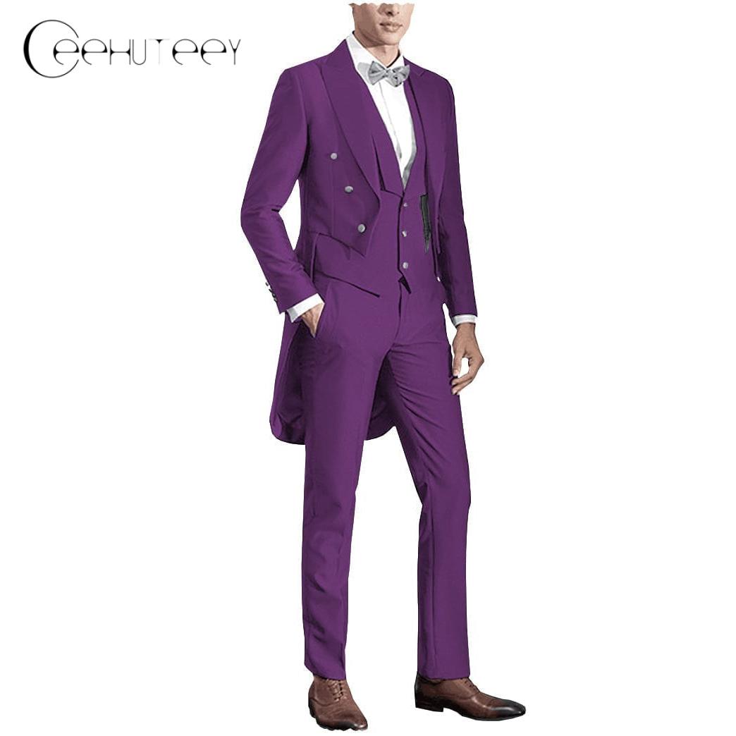 Ceehuteey Classic Men’s Pieces Tailcoat Peak Lapel Suits Swallow-Tailed Coat Blazer+Vest+Pants – Purple R