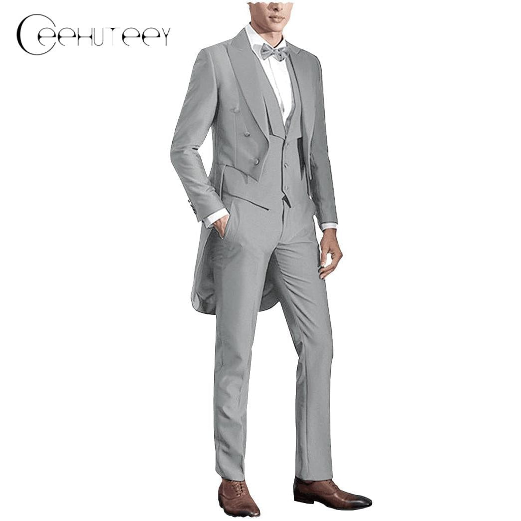 Ceehuteey Classic Men’s Pieces Tailcoat Peak Lapel Suits Swallow-Tailed Coat Blazer+Vest+Pants – Silver Grey R