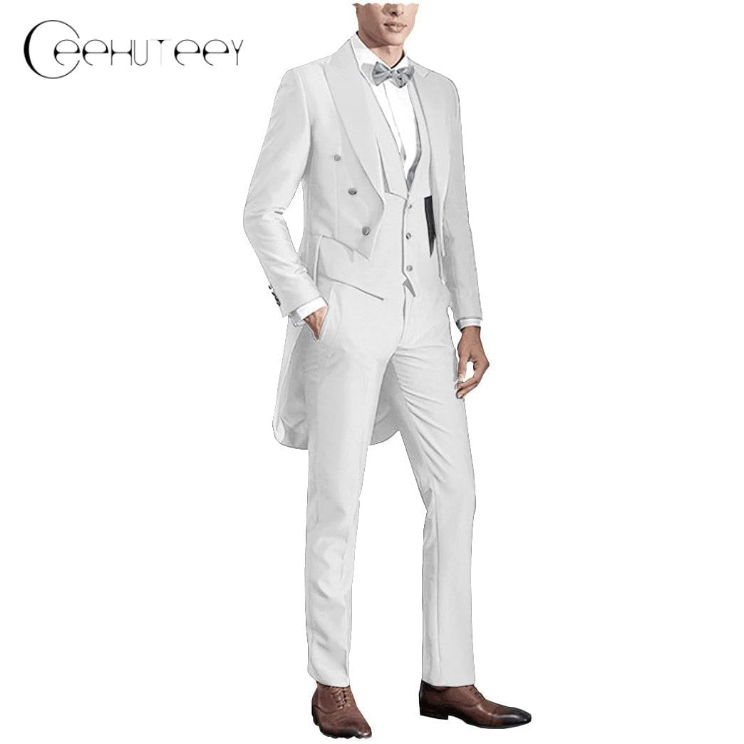 Ceehuteey Classic Men’s Pieces Tailcoat Peak Lapel Suits Swallow-Tailed Coat Blazer+Vest+Pants – White R Ceehuteey Classic Men’s Pieces Tailcoat Peak Lapel Suits Swallow-Tailed Coat Blazer+Vest+Pants – White R